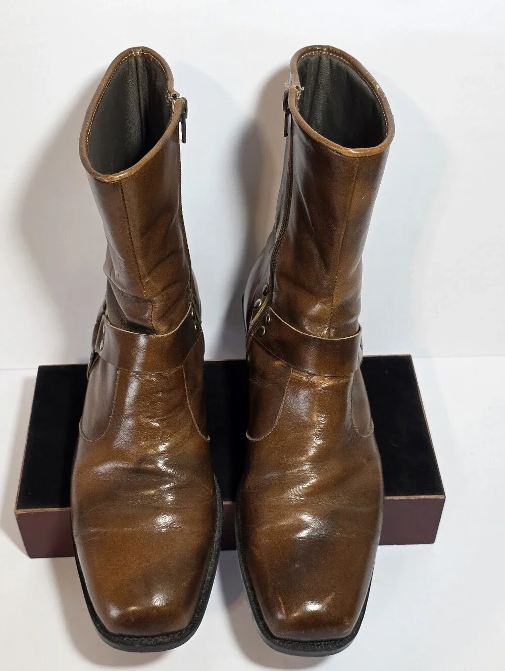 Vintage 70s Mens UN Shoes Brown Leather Zip Harness Boots Square Toe Size 8-8.5